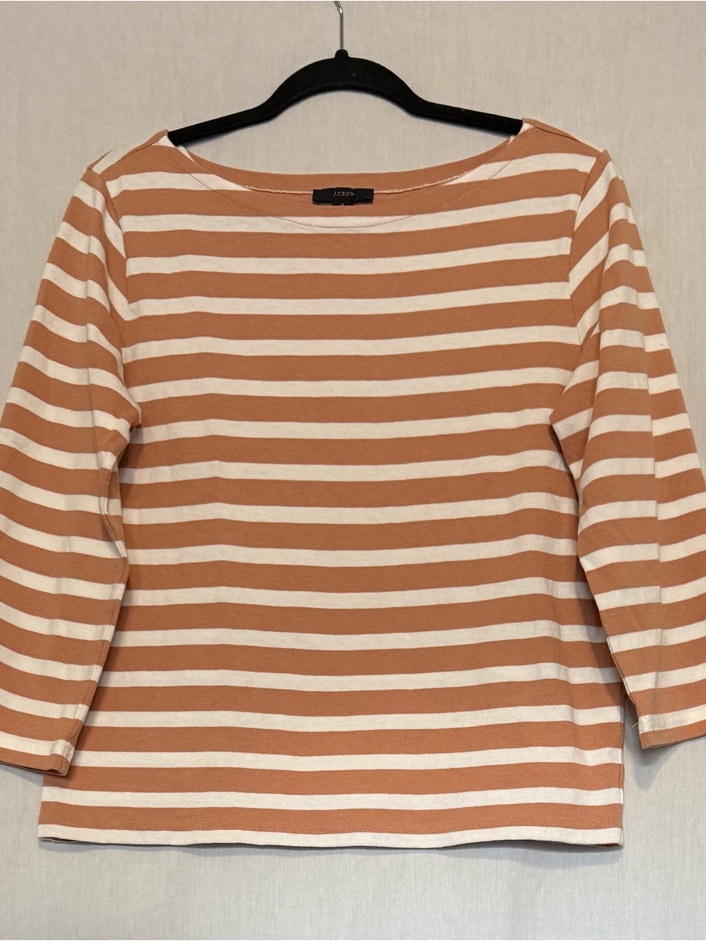 J Crew Boat Neck Shirt 100% Cotton Bronzed Clay & White Stripe Casual Classic S
